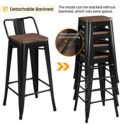 Yaheetech 30" Metal Barstools Set Of 4 Bar Height Bar Stools With Wooden Top Low Back Industrial Bar Stools Metal Stool For Indoor-Outdoor Counter Stools With Wooden Seat Matte Black #TOP5