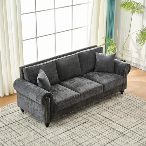 Image of KEIKI 87 inch Oversized Chenille Sofa with Rolled Arms and Nailhead Trim, Upholstered Modern Style 3-Seater Couch with High-Density Foam Cushions, Easy Assembly, for Apartment, Living Room, Grey