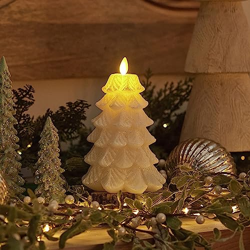 Image of Luminara Christmas Tree Flameless LED Candle, White Swan 4.7 inch x 6.5 inch, Moving Flame Battery Operated Timer, Holiday Decor, Glitter Snow Finish Safe