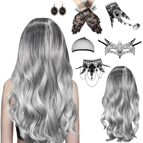 7Pcs Karneval Perücke Grau Damen, Perücke Halloween Damen, Lange Gewellt Silber Grau Perücke, Grey Wig Lang Haar Gelockt, Hexenperücke Gotisch Halskette Armbänder, Perücke Damen für Halloween Karneval 7Pcs Karneval Perücke Grau Damen, Perücke Halloween Damen, Lange Gewellt Silber Grau Perücke, Grey Wig Lang Haar Gelockt, Hexenperücke Gotisch Halskette Armbänder, Perücke Damen für Halloween Karneval