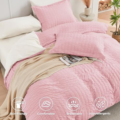 Image of HYMOKEGE Pink /Ivory King Size Comforter Set Seersucker 7 Pieces, All Season Luxury Bed in a Bag for Bedroom, Bedding Set with Comforter, Sheets, Pillowcases & Shams