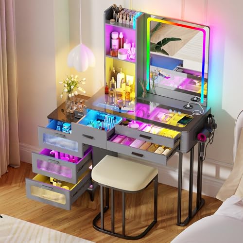 HNEBC Vanity Desk with Sliding Mirror and LED Lights, RGB Vanitys with Charging Station, Makeup Vanitys with Remote Control, White Dresser with Stool/Lager Drawers for Bedroom (Grey) 5080-gr