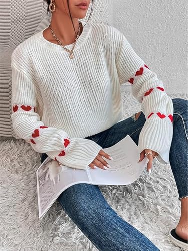 Image of Women's Casual Heart Cute Sweater Round Neck Drop Shoulder Long Sleeve Knitted Pullover Sweater Top