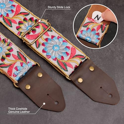 Image of Nefelibata Guitar Strap,Crazy Horse Leather Jacquard Embroidery Cotton Guitar Straps for Bass, Electric & Acoustic, Best Gifts for Guitarists(Retro White Daisy)