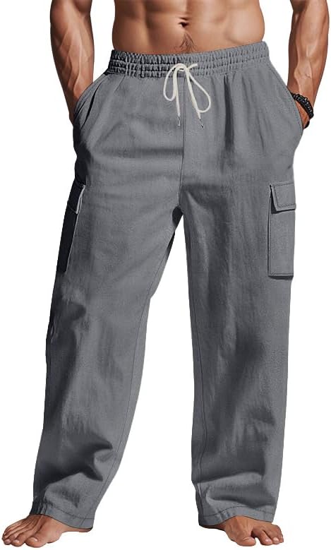 Mens Casual Cargo Pants Summer Vacation Lightweight Drawstring Pants Elastic Waist Beach Yoga Trousers with Pockets