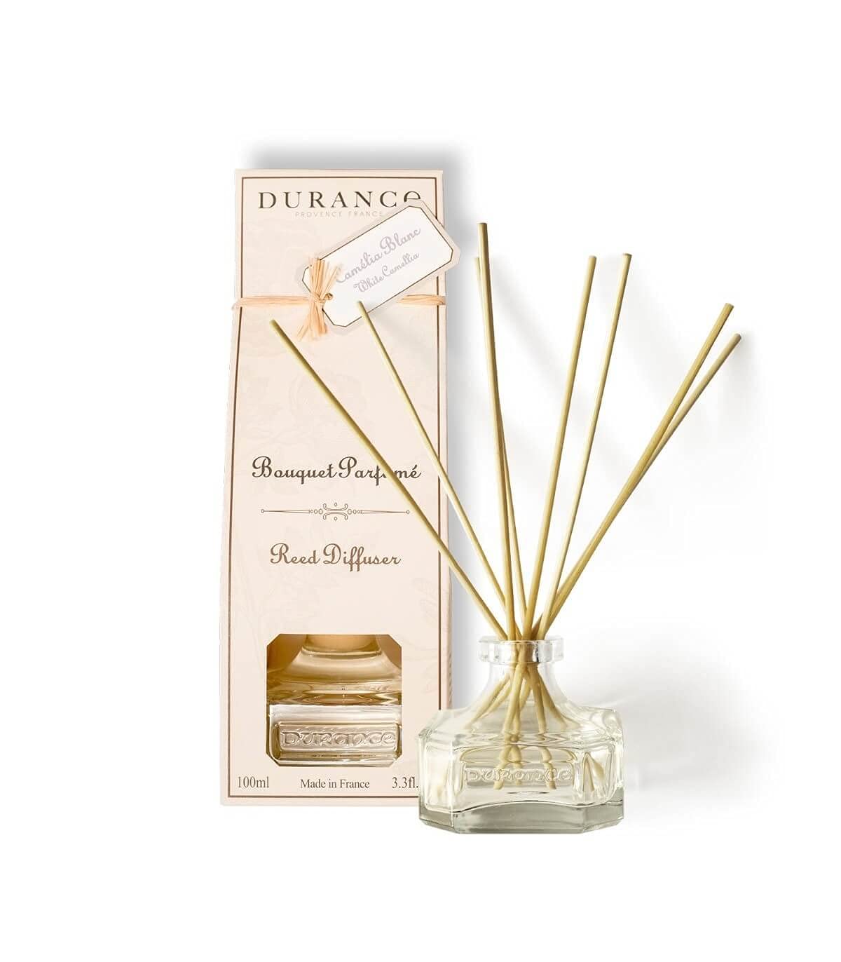 Durance Scented Reed Diffuser 100ml - White Camellia Fragrance - Scented Bouquet Glass Bottle & 8 Wooden Reed Sticks - Aromatherapy Air Freshener - Room Fragrance