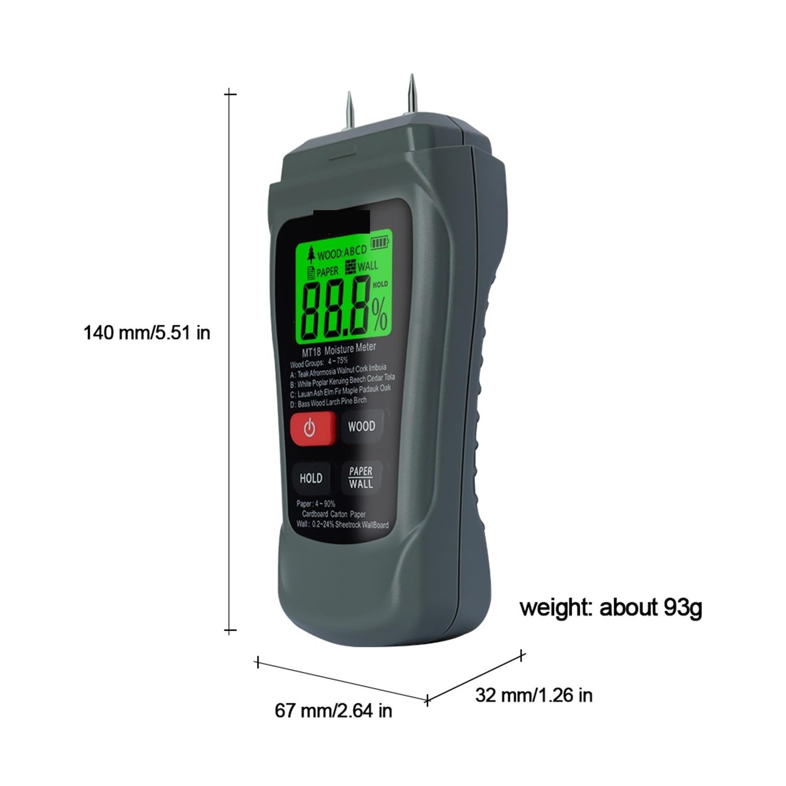 Medidor de humedad, MT-18 Grey 0-99.9% Medidor de humedad madera digital dos pines Probador papel Higrómetro pared Detector(Orange with battery)