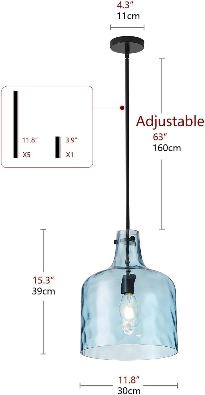 Modern 1-Light Kitchen Island Lights Fixture 11.8 inch Blue Glass Lighting with Bell Shade Farmhouse Adjustable Hanging Light Adjustable Chandeliers/Color/Blue