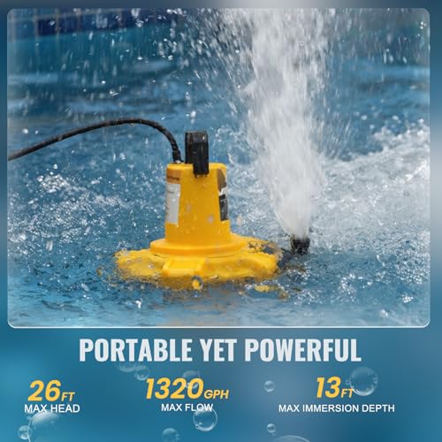 Image of Cordless Submersible Sump Pump Compatible with Dewalt 20V /60V MAX Battery, 1320 GPH Brushless Portable Water Transfer Pump w /Auto Shut-Off & 15.4ft Cord(Tool Only), Pool Pond Garden Basement