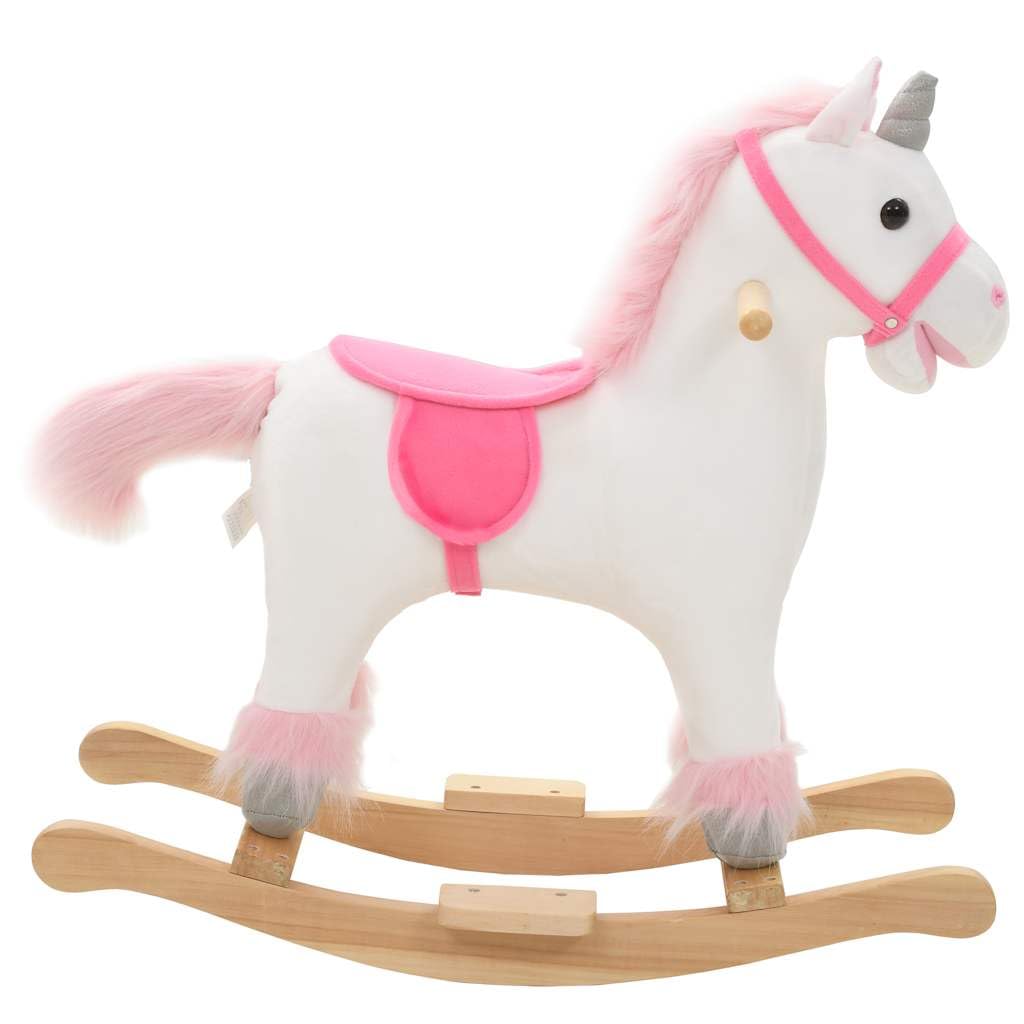 Cheval à bascule licorne en peluche avec socle en bois, 65 x 32 x 58