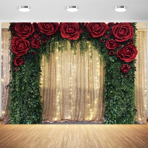 7x5ft Wedding Backdrop Red Rose Flowers Gold Sequin Wall Greenery