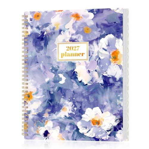 SUNEE 2027 Planner, Weekly and Monthly Calendar Planner, January 2027-December 2027, Daily Agenda with Tabs, Note Pages, Spiral Binding, 8.5"x11", Purple Daisy