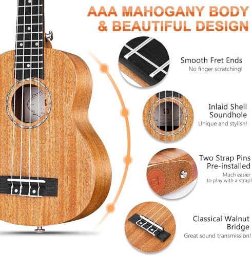 Vangoa Soprano Ukulele Beginner Kit 21 Inch Mahogany Acoustic Hawaiian Ukulele Uke Bundle For Kids Starters Students With Fast Learn Book And Gig Bag thumb #1