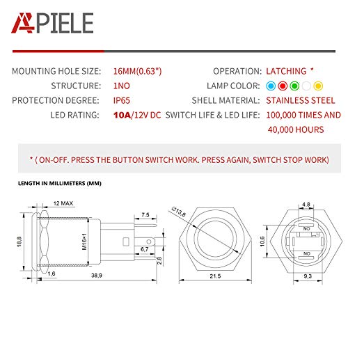 Apiele GQ16AF-10EZ 10 Amp 16Mm Latching Push Button Switch 12V Angel Eye Led Waterproof Round Self-Locking 1No thumb #1