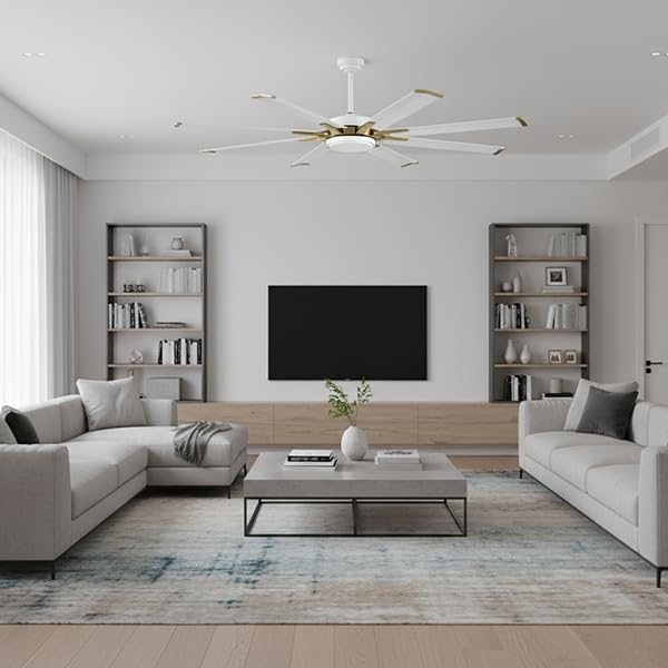 WINGBO 72" Large Industrial Ceiling Fans No Lights, 8 Aluminum Blades, 6-Speed Powerful Brushless DC Motor Reversible, High Volume 9760 CFM at 129 RPM, Commercial and Residential, Brass and White Brass and White 72"