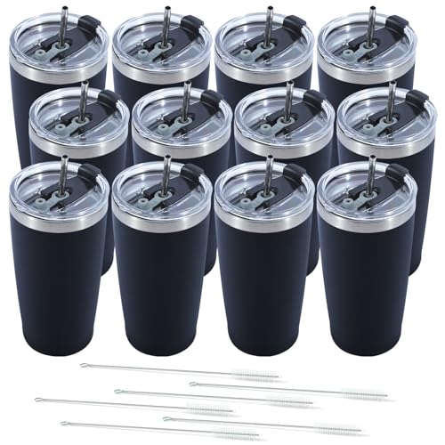 Dongni 20oz Tumbler Bulk Stainless Steel Vacuum Insulated Tumblers with Lid Double Wall Travel Mug Powder Coated Coffee Cup, Suitable for Ice Drinks and Hot Beverage（Black 12 pack）