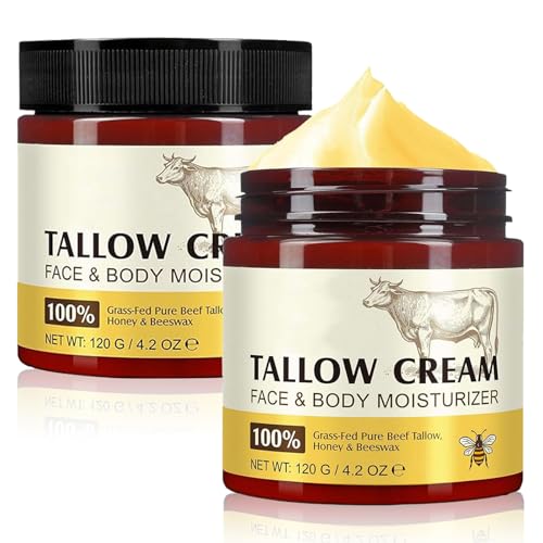AsyinXson Lot de 2 baumes de bœuf et de miel, crème hydratante pour le visage au bœuf, crème hydratante pour le visage Grass-Fed Pure Beef Tallow, Honey & Beeswax, convient pour les peaux sèches et
