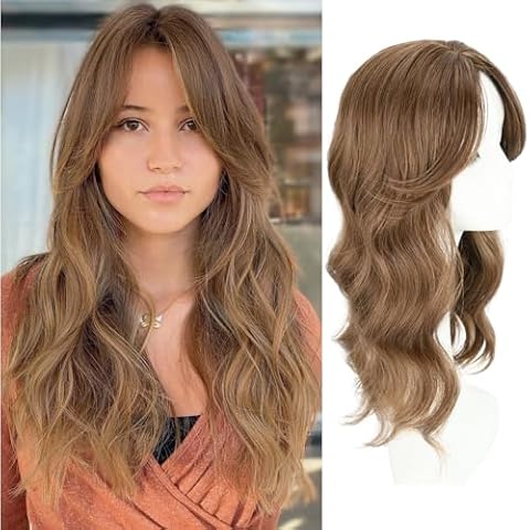 UAmy hair Toppers For Women with Thinning Hair 20inch Long Wavy Curly Hair Topper with Curtain Bangs 6.5 * 6.6inch Synthetic Wiglets Hair Top Hairpieces with Clip in(Light Brown Mix Caramel) Cover