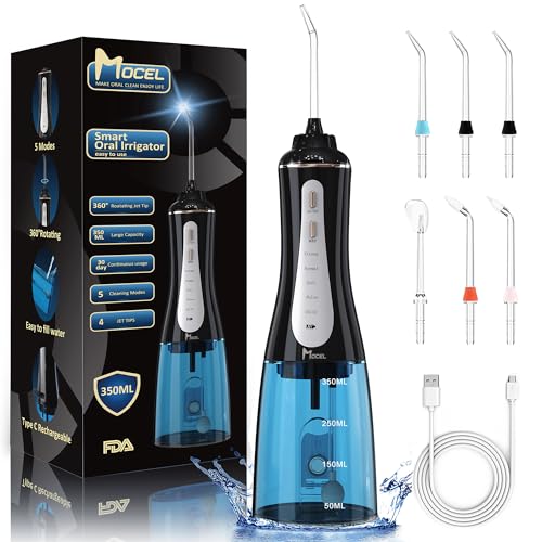 Mocel Water Dental Flosser Cordless Teeth Cleaning MOCEL 5 Modes Oral Irrigator 350ML Portable and USB C Cable Rechargeable IPX7 Waterproof Flossing Teeth Pick Irrigation Cleaner for Home (Gold)