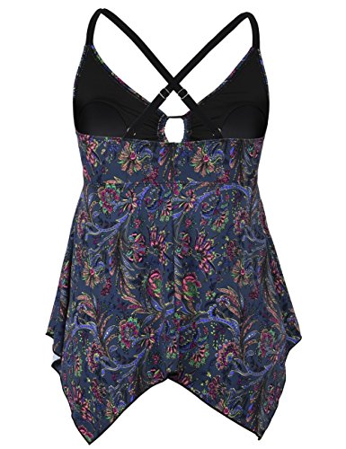 Mycoco Women's Tummy Control Swim Top Cross Back Push Up Tankini Top Flowy Hankerchief Tankini Swimsuits Black Leaves 22