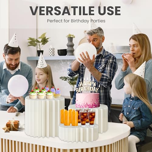 3 Pack Paper Cylinder Pedestal Cake Stands with Acrylic Disc, Foldable Buffet and Food Risers for Dessert Table Display Set, Cupcake and Dessert Stand Set for Wedding, Birthday, and Party Decor - Image 7