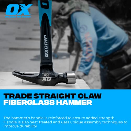 Ox Tools Trade 20-Ounce Straight Claw Hammer | Reinforced Fiberglass Handle W/Grip & Forged Steel Head #TOP3
