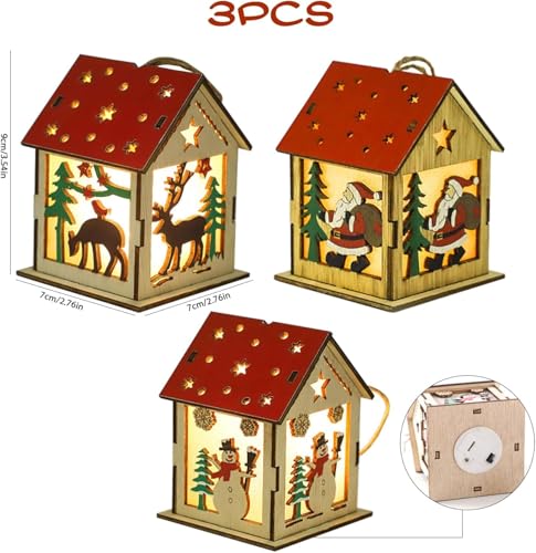 Casas de vila de Natal, 3 peças, Papai Noel de madeira, boneco de neve, enfeites de árvore de Natal