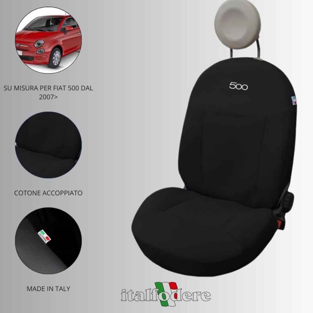 Italfodere - Coppia di Coprisedili Auto anteriori - Compatibili con Fiat 500 dal 2007 In poi- Fatti a Mano - Cotone - Gommapiuma e Poliestere - Accessori Auto Interno - Made in Italy - Diger Nero