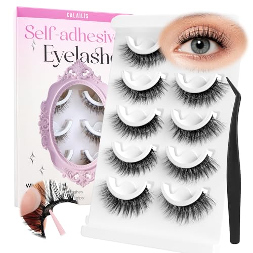 CALAILIS Self Adhesive Eyelashes Natural Look Wispy Press On Lashes No Glue Need Eyelashes 5 Pairs Reusable Cat Eye Self-adhesive False Lashes (C122)