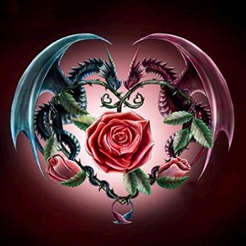 DIY 5D Diamond Painting by Number Kits, Crystal Rhinestone Diamond Embroidery Paintings Pictures Arts Craft for Home Wall Decor,Two Dragons and Rose