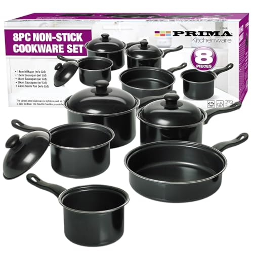 8-Piece Non-Stick Carbon Steel Saucepan Set | Durable Cookware Set with Glass Lids & Bakelite Handles | Induction Compatible Pots & Pans for Home Kitchen Cooking