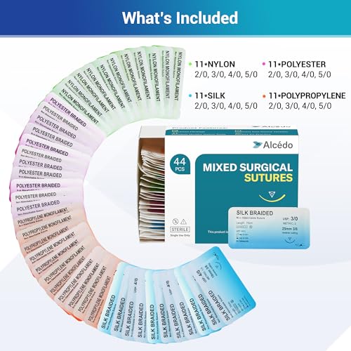 Image of Alcedo Suture Thread with Needle 44 PK (2 /0, 3 /0, 4 /0, 5 /0), Non-Absorbable (Nylon, Silk, Polyester, Polypropylene) for Nursing and Students, First Aid Practice Kit Accessories, Education Only