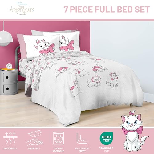 Image of Disney Aristocats Marie Full Comforter Set 7 Piece Kids Bedding, White | Bed in a Bag, Comforter Sheets Shams Pillowcases, Official Brand, Soft Microfiber, Machine Washable, Girls Gift