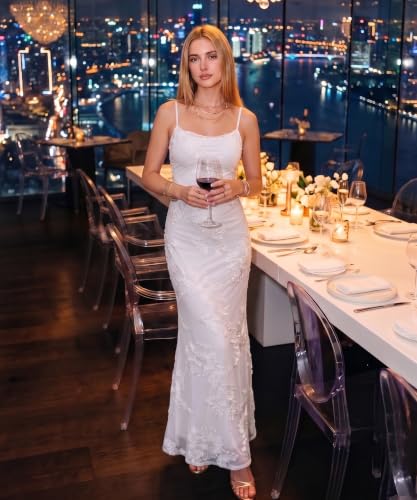 Curvphilo Women's 3D Embroidery Satin Floral Mesh Bodycon Maxi Dress White - image 2