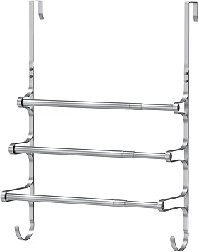 Over The Door Towel Rack, Over Door Towel Rack for Bathroom Door, Triple Towel Storage Holder with Hooks (Silver)