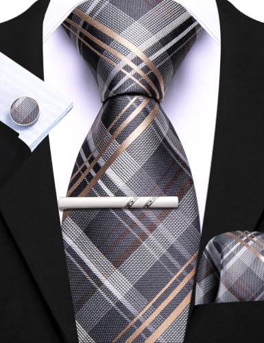 Image of Barry.Wang 6 PCS Men Ties Set Silk Business Fashion Woven Necktie Handkerchief Cufflinks Paisley Stripe Wedding Party