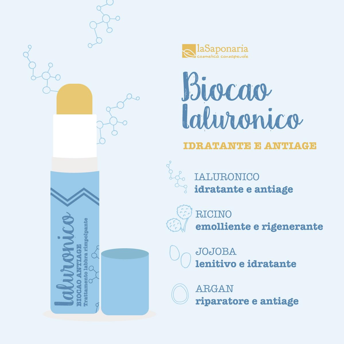 La Saponaria | Burrocacao Biocao Ialuronico 5,7 ml – Balsamo Labbra Idratante e Rimpolpante con Acido Ialuronico, Effetto Anti-Age Naturale per Labbra Morbide e Lisce