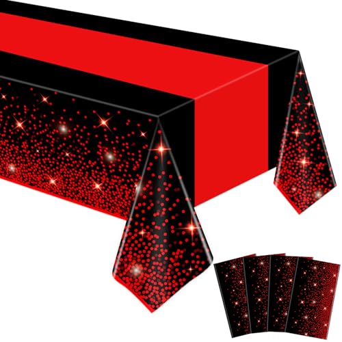 FVEOCR 4Pièces de nappes Noires et Rouges Nappe Noire imprimée d'étoiles Rouges pour Anniversaire Mariage Baby Shower Anniversaire fête de Remise des diplômes...