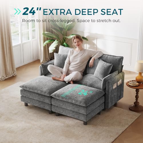 Image of LINSY HOME 65'' Modular Sectional Sofa Love Seat Couch Chenille Cloud Couch with Deep Seat, Modern Comfy Love Seat with 2 Movable Ottoman for Living Room, Office, Bedroom, Grey(Pillows Included)