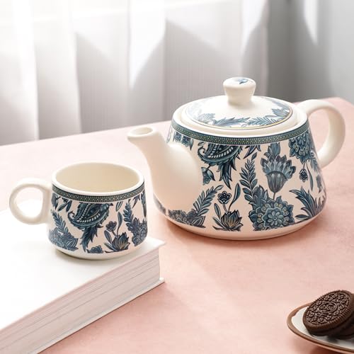Image of miah decor Handcrafted Ceramic Morning Tea Set - 6 Tea Cups & 1 Kettle | White & Blue Print | Microwave & Dishwasher Safe | Elegant Tea Set for Home, Office & Gifting