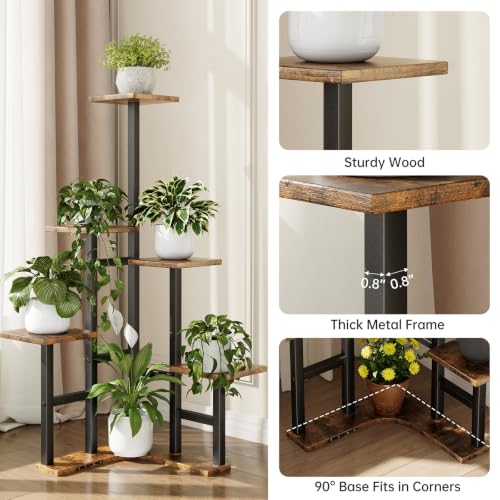 Image of Yzosvki Corner Plant Stand Indoor Set of 2 | 6 Tiered Corner Plant Shelf Flower Stand for Multiple Plants, Plant Shelves Organizer Rack, Rustic Brown