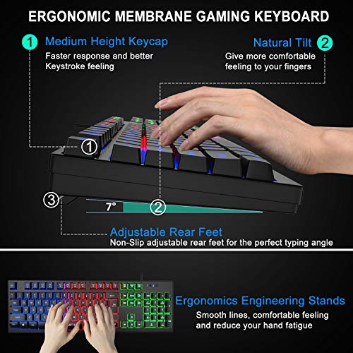 Rainbow Gaming Keyboard and Mouse Combo, MFTEK Wired RGB Backlit Gaming Keyboard and 4 Color Lighted Gaming Mouse Set with Mouse Pad for Computer PC Gamer Laptop Work
