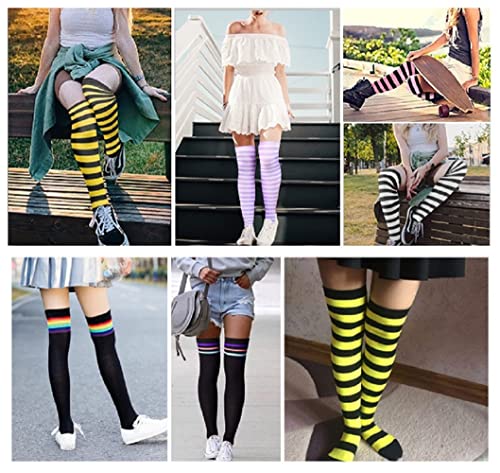 Women Striped Knee High Socks Knit Arm Warmers Long Fingerless Gloves Set3