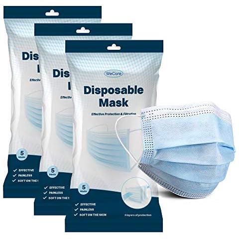 WECARE Disposable 3 Ply Face Masks - 15 Count, 3 Packs of 5 - Soft on Skin - 3 Layer Protectors with Elastic Earloops - Latex Free, Non Woven, Single Use - Effective Filtration Cover
