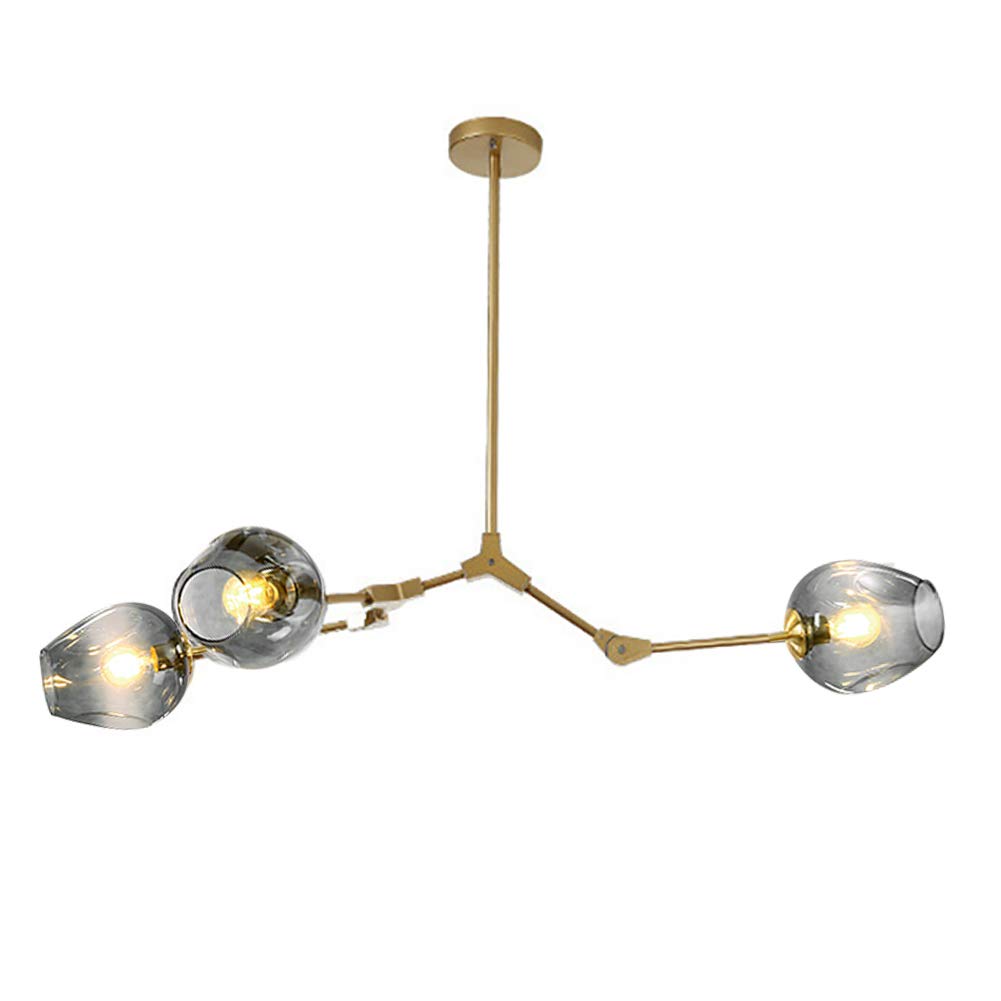 CSXSXAUO Adjustable Height Nordic Glass Ball Chandelier - Matte Black Pendant Light, E26 Metal, Hand-Blown Globe, 40" Mid Century 3-Light Fixtures, Grant Soot Gold