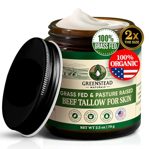 Greenstead Naturals Organic Beef Tallow for Skin – Whipped Tallow Balm for Skin Face and Body with Jojoba Oil and Cocoa Butter – Unscented and Herb-Infused – Large Size 2.5fl Oz Net Wt