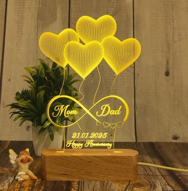 Artistic Gifts Handcrafted 3D Illusion Personalized LED Night Lamp for Couples Marriage Anniversary| Customize Wedding Anniversary Couple Valentine Gifts for Wife, Husband, Parents, Friend. Multicolor