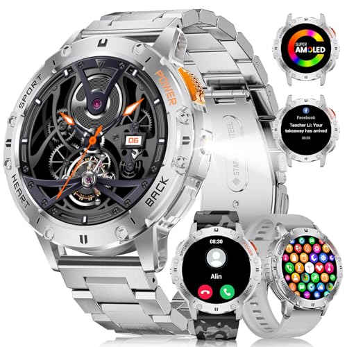 Military Smart Watch for Men with Flashlight (Answer/Make Calls), 1.43″ AMOLED Rugged Smartwatch, 530mAh Battery, IP68 Waterproof Heart Rate SpO2 Sleep Monitor Fitness Tracker for iOS Android