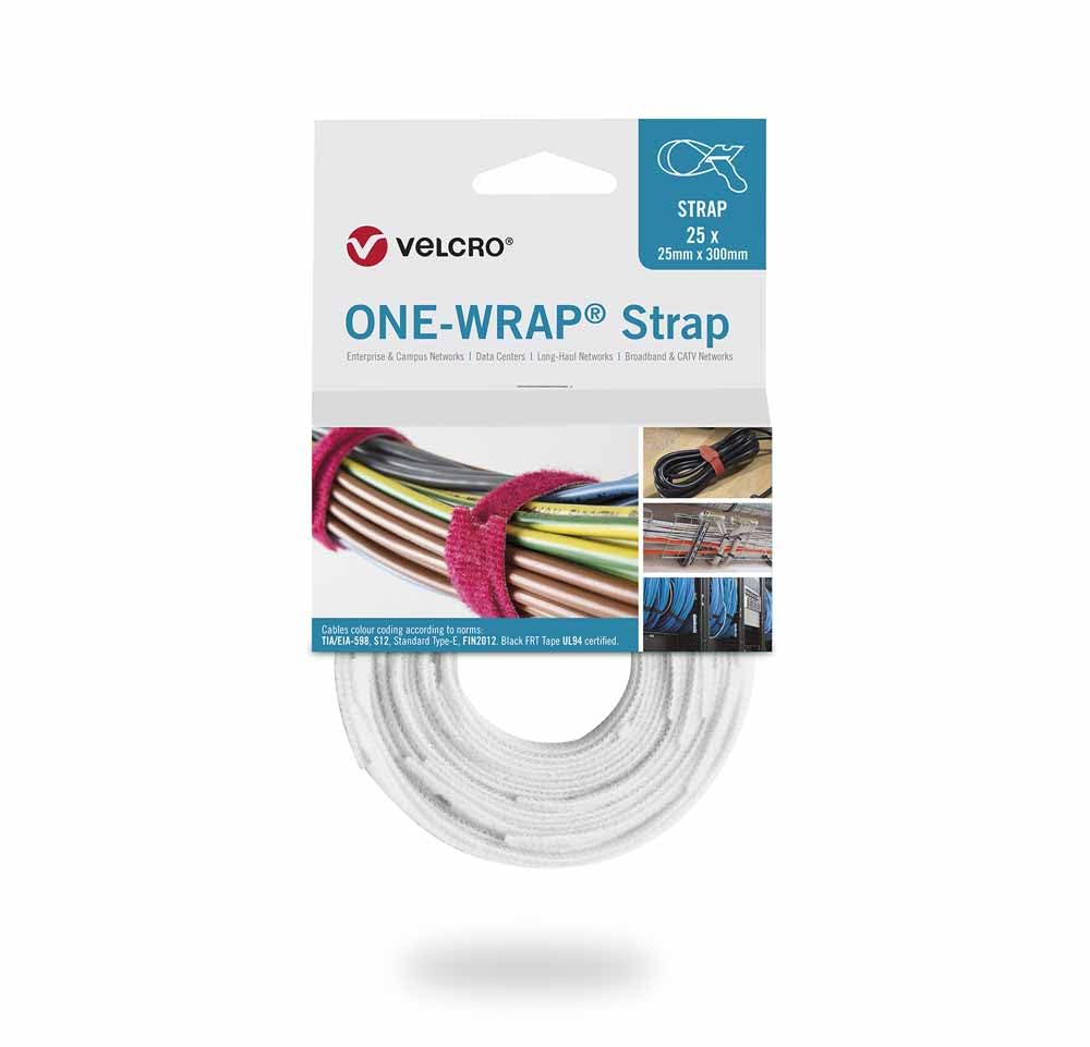 Velcro® Brand ONE-WRAP® Cable Ties 25mm x 300mm – White | Reusable Hook & Loop Fastener Straps for Cable & Cord Management (25 Pack)