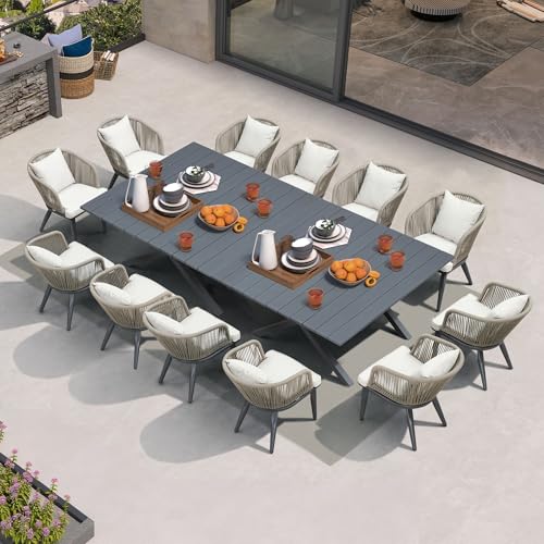 Image of PURPLE LEAF 14 Pieces Patio Dining Set Wicker Outdoor Furniture Oversize Rectangular Table and Chairs Set for Garden Deck Aluminum Frame Backyard Kitchen Set, Cushions and Pillows Included Taupe